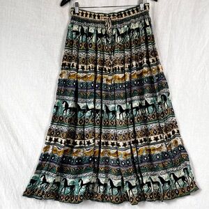 Vintage Phool Tiered Skirt Maxi Full Boho Hippie Crinkle Rayon Horses Birds OS